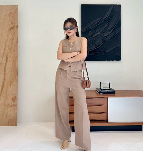 Women Elegant Button Down Vest With Trousers Sets